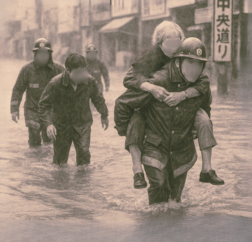 増水した市街地で救助される住民